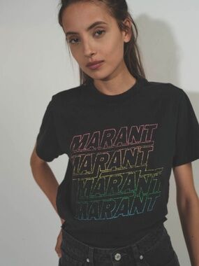 Isabel Marant Black Tee with Subtle Rainbow Logo